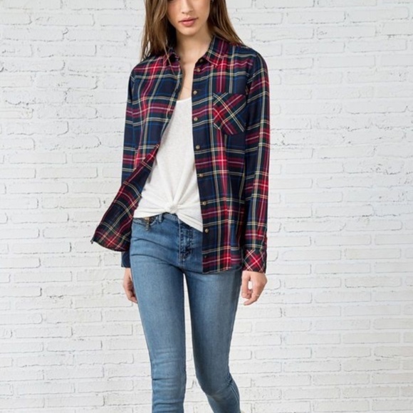 Vintage Y2K Button down Shirt Plaid Flanelle Studds Elbow patches Amnesia Navy S - Picture 16 of 16